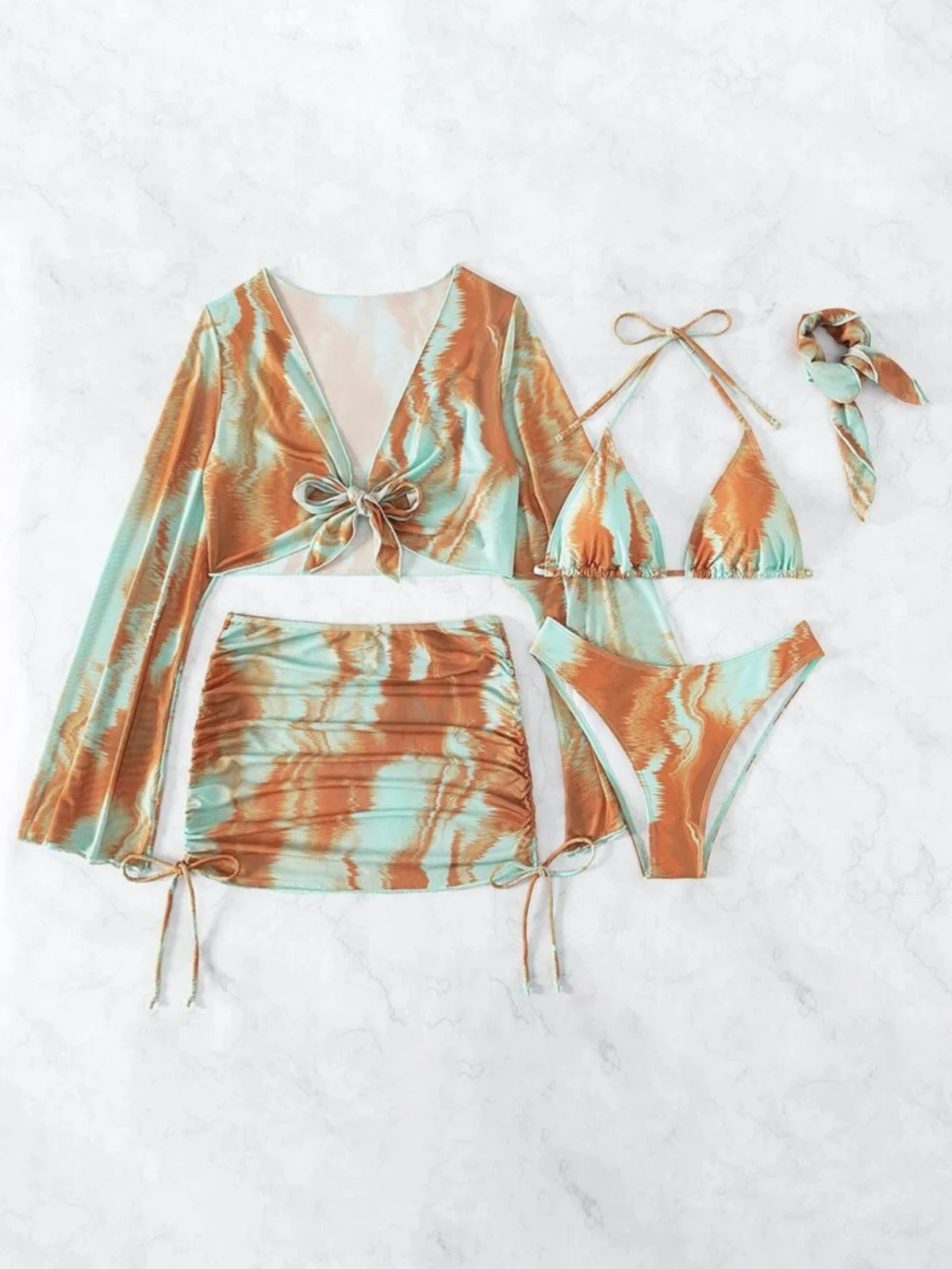 Ensemble 5 pièces tie-dye orange – Maillot & jupe