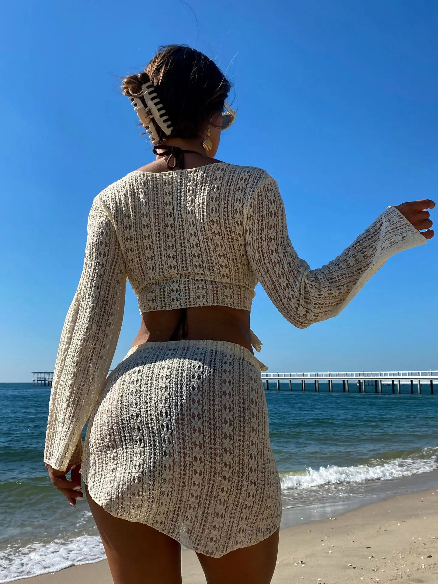 Ensemble 4 pièces beige – Maillot noué & jupe